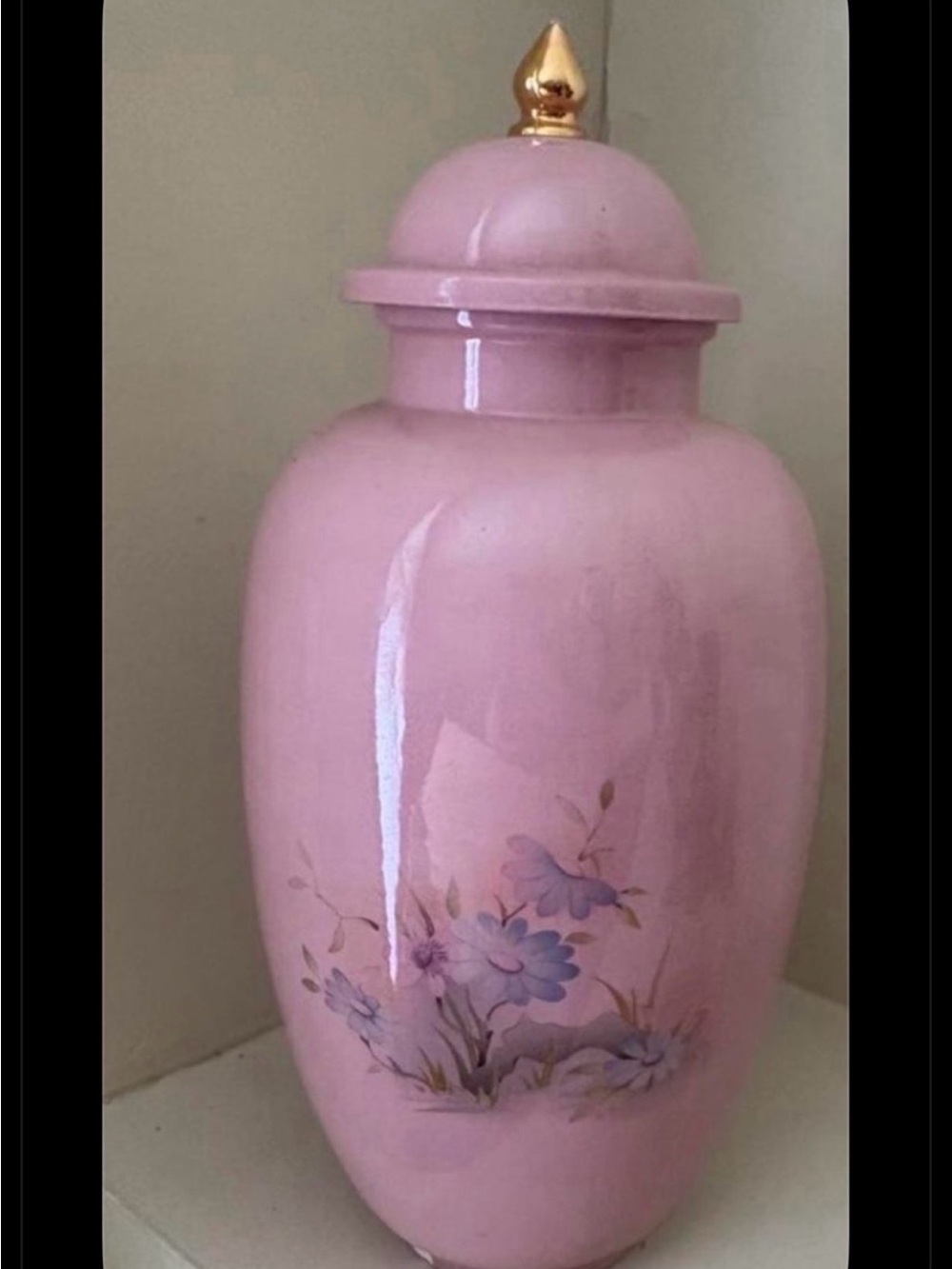Pink Floral Ceramic Vase with Gold Accent - Unbranded